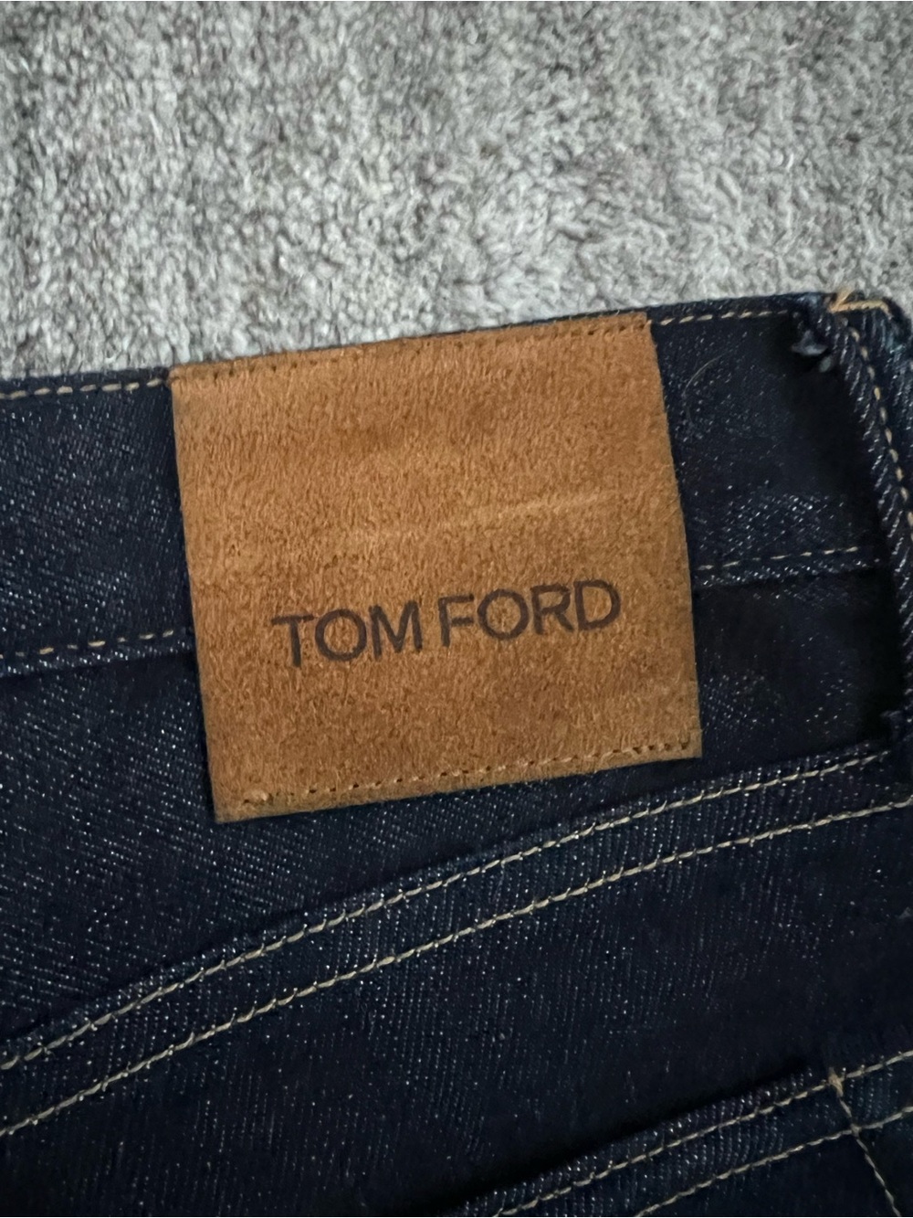 Tom Ford Men's Dark Indigo Denim Jeans with Brown Leather Patch/ Like NEW